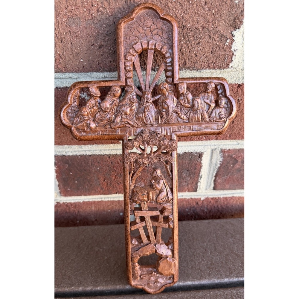 Lord's Last Supper Woodgrain Carved 11" Resin Wall Cross Intricately Detailed